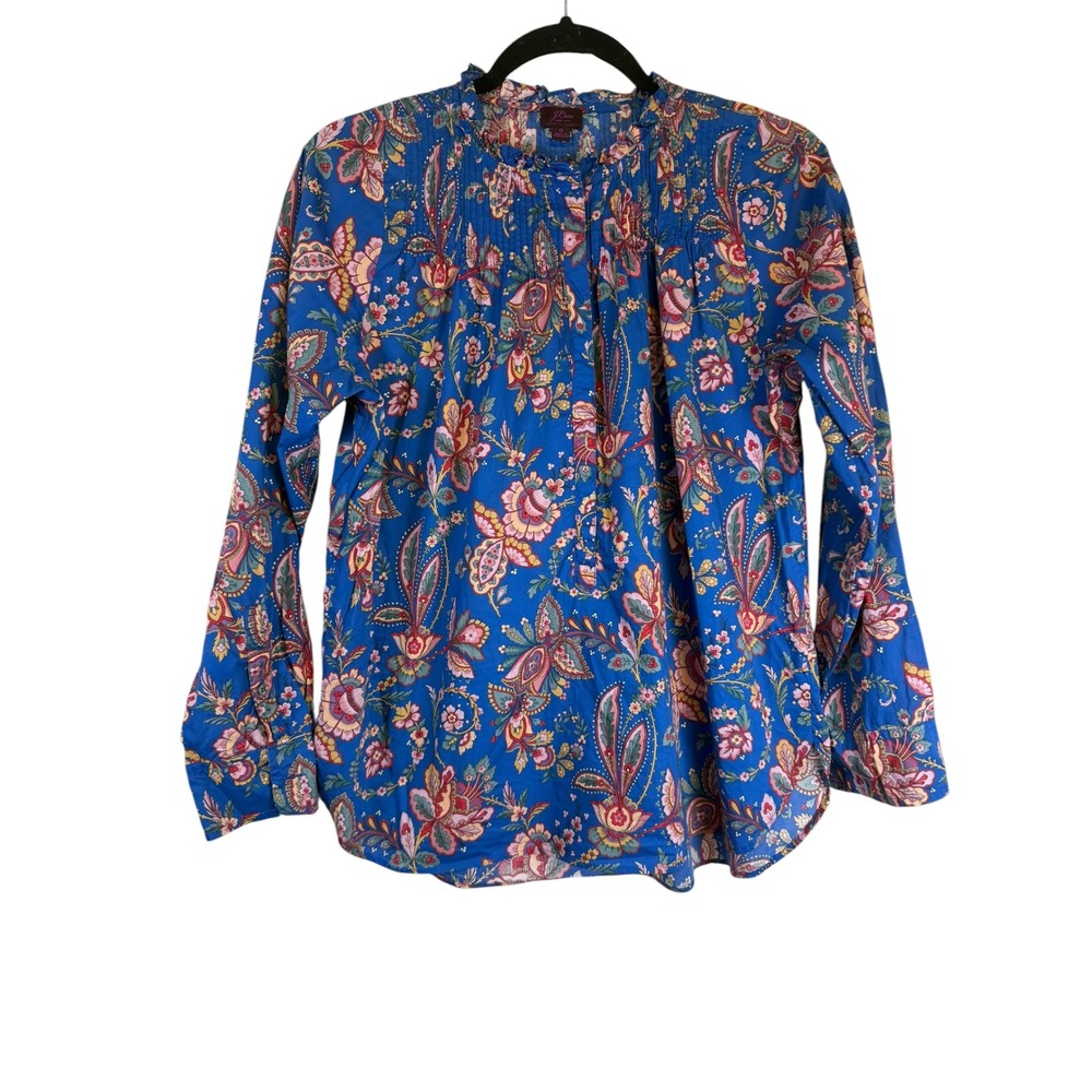 J.Crew Liberty Fabric Blue Floral Paisley Pintuck Ruffle Blouse Top Size 8